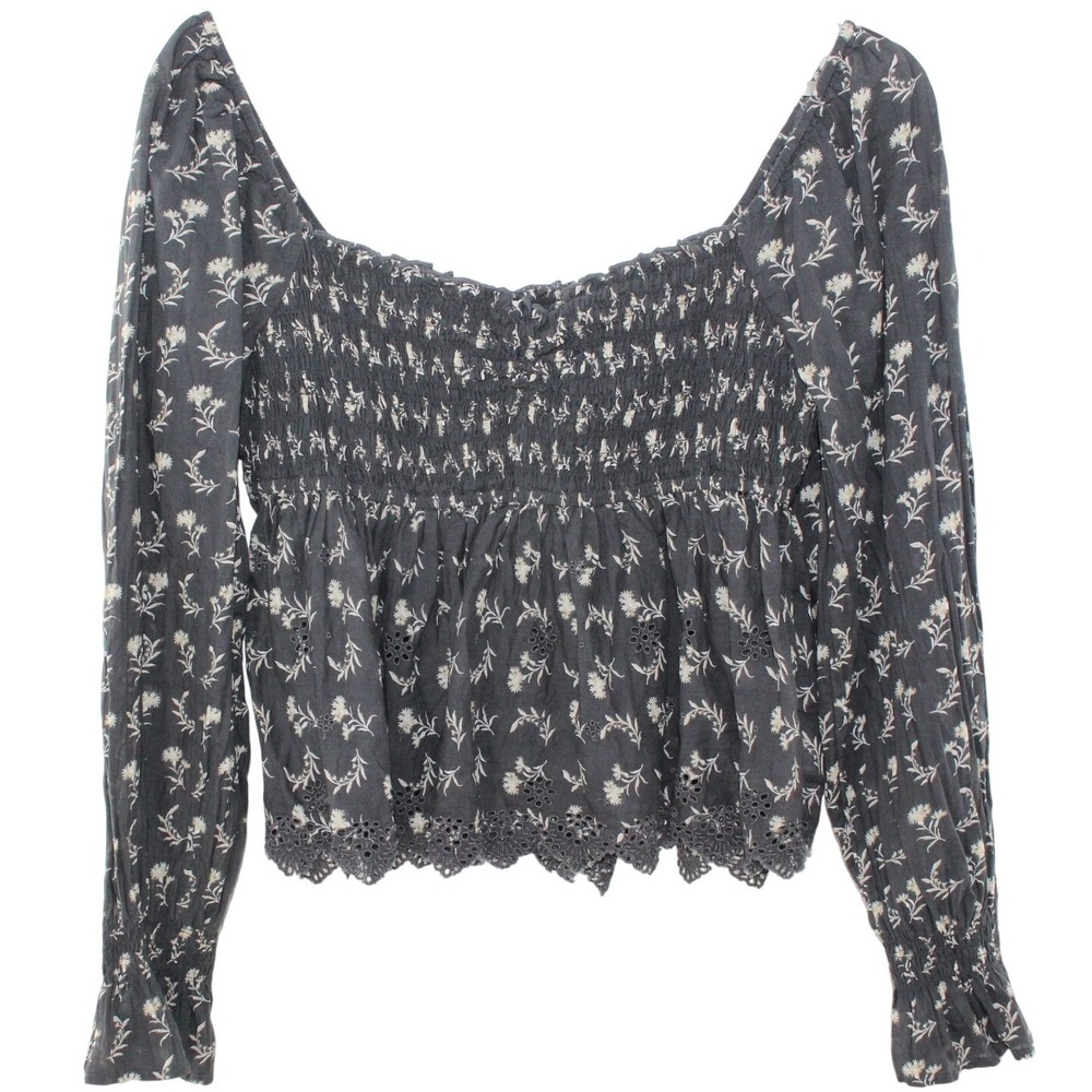 American Eagle Floral Smocked Peasant Top Size M Charcoal Grey Eyelet Trim